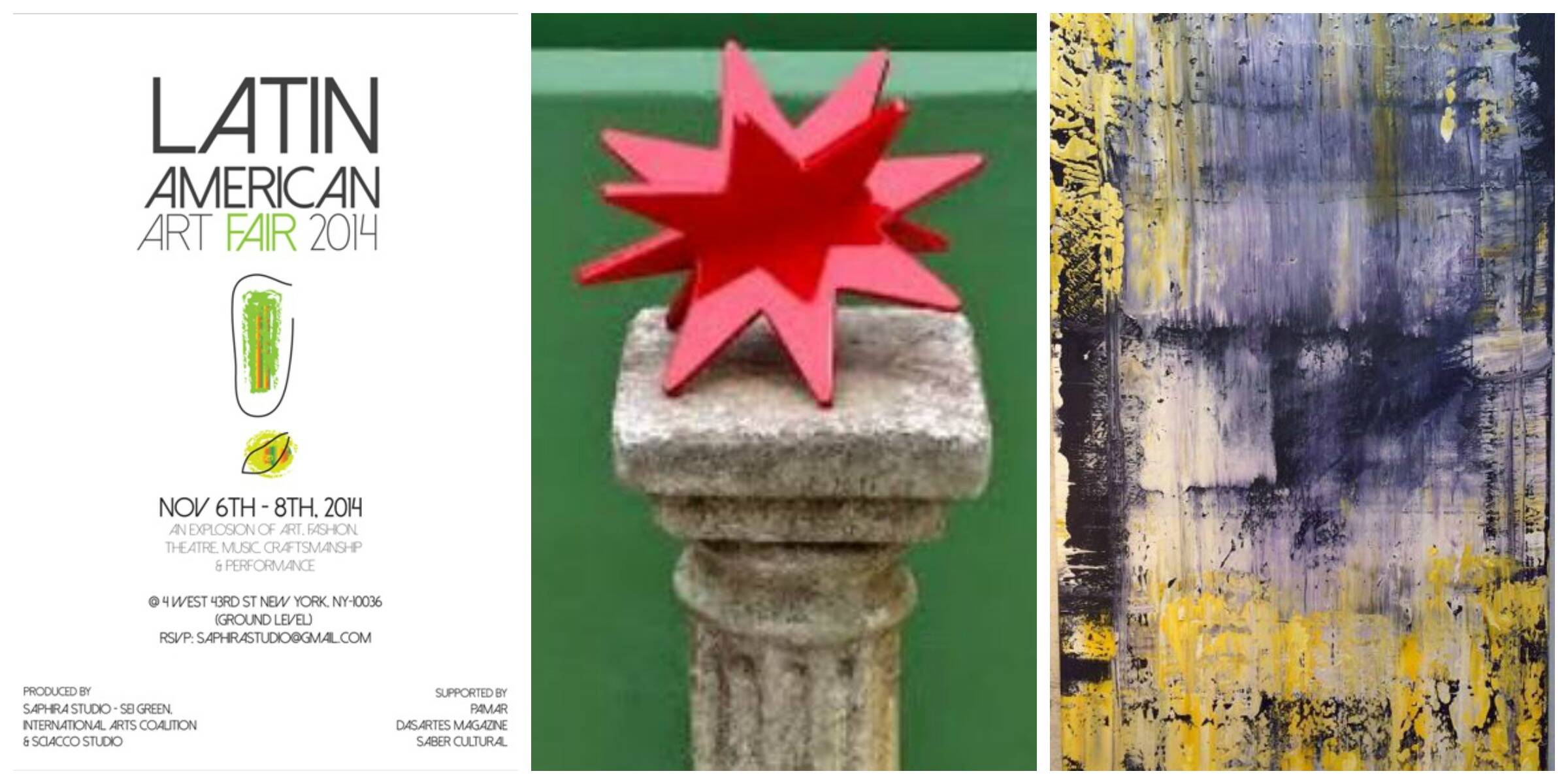 À esquerda, o cartaz da 2014 Latin Art Fair; ao centro, a escultura de Roberto Cardim; ao lado, a tela Pedra da Gávea, de Claudio Cardoso / Fotos: divulgação