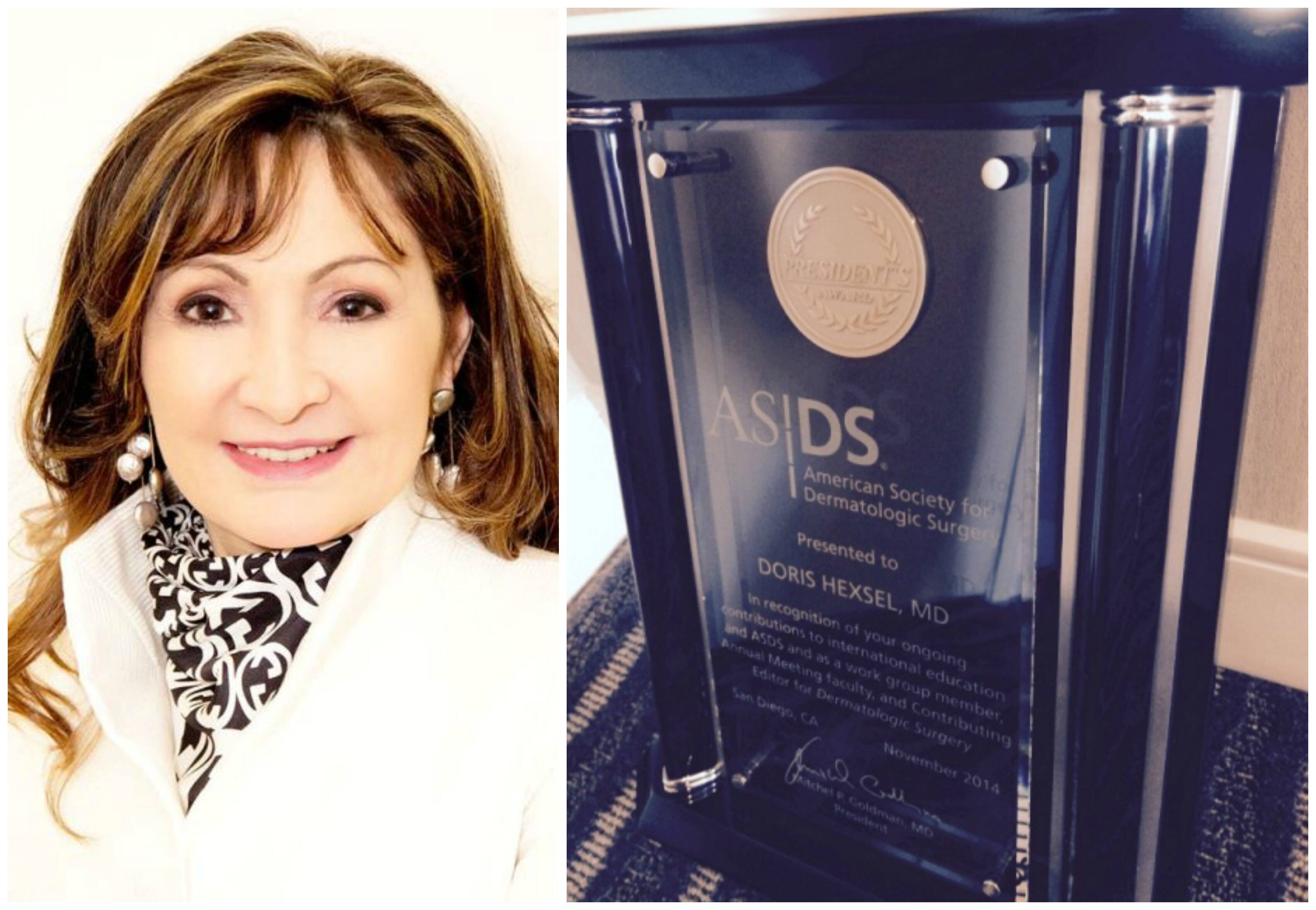 A dermatologista Dóris Hexsel e o prêmio, com seu nome gravado, concedido pela Sociedade Americana de Cirurgia Dermatológica / Fotos: divulgação
