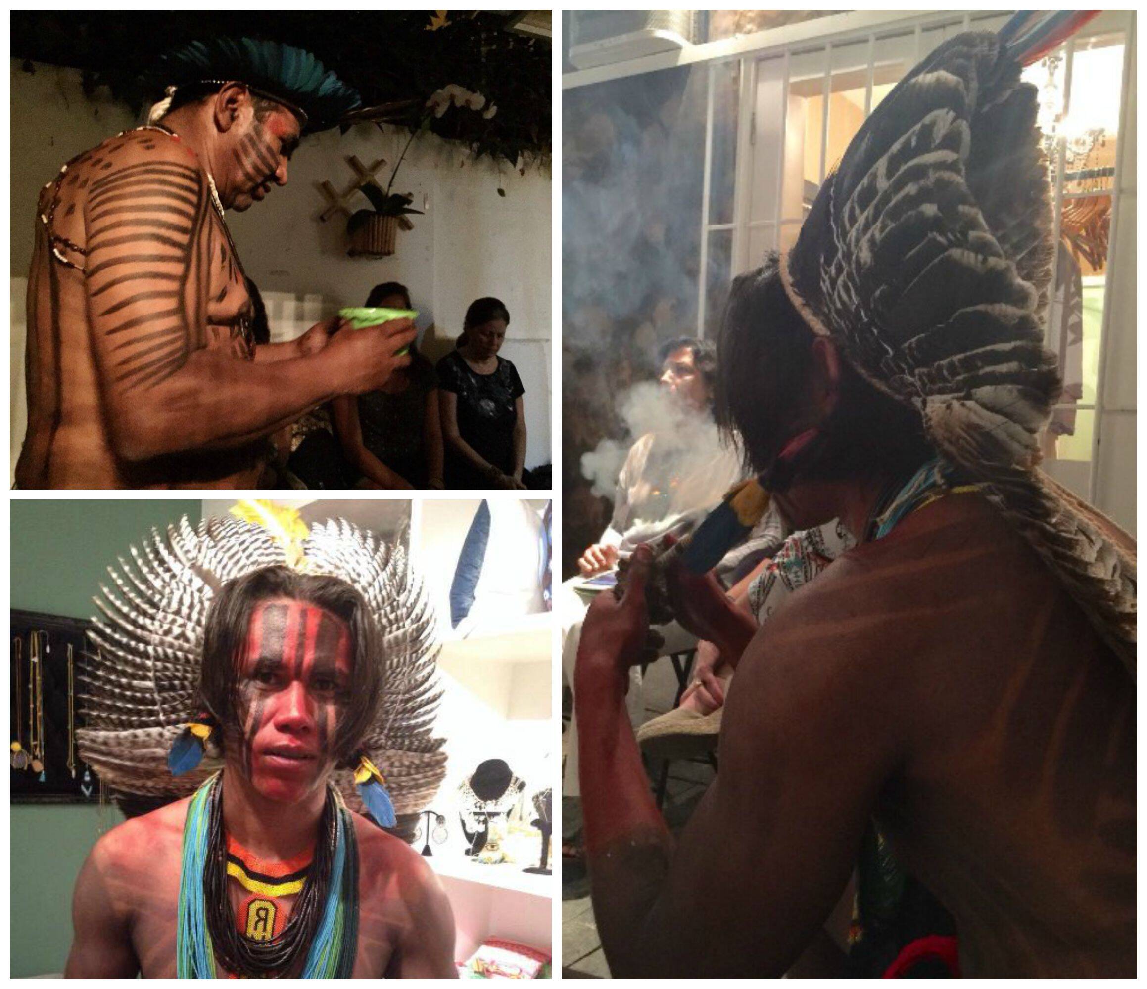 Os índios Xyce e Xumayá no ritual feito, nessa terça-feira, em Ipanema/ Foto: divulgação