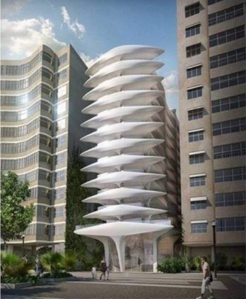 No alto, a arquiteta premiada Zaha Hadid; acima, seu primeiro projeto para a América do Sul, o Copa Atlântica, em construção no Rio / Fotos: divulgação