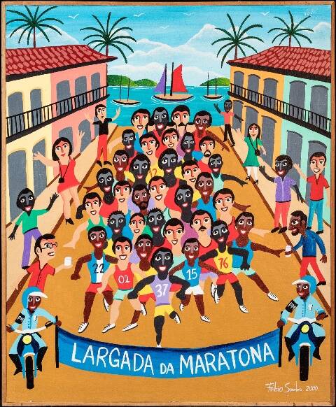 Quadro "A largada da maraton", do pintor Fábio Sombra, uma das telas da exposição "Jogando com as cores naïf" / Foto: divulgação