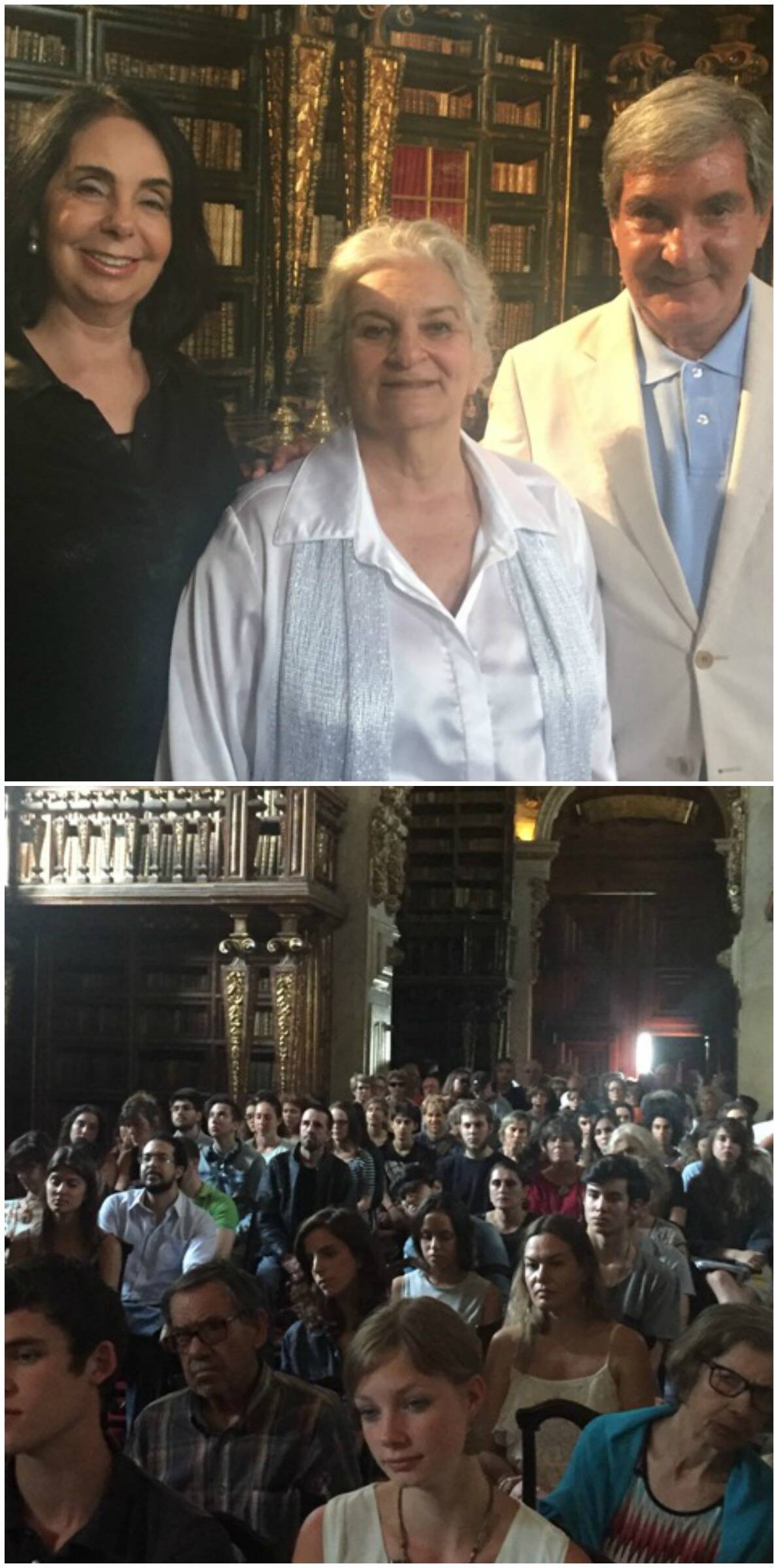 No alto, Maria Ignez e Sergio Costa e Silva com a pianista Ana Maria Brandão, no centro; acima, o salão lotado da biblioteca de Coimbra, no recital desta quinta-feira (09/06) / Fotos: divulgação
